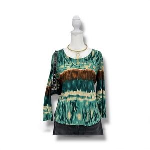 VTG Women Y2K Indie Retro Grunge Tie Dye Green Brown Stretch Top‎ PM Earthy Boho